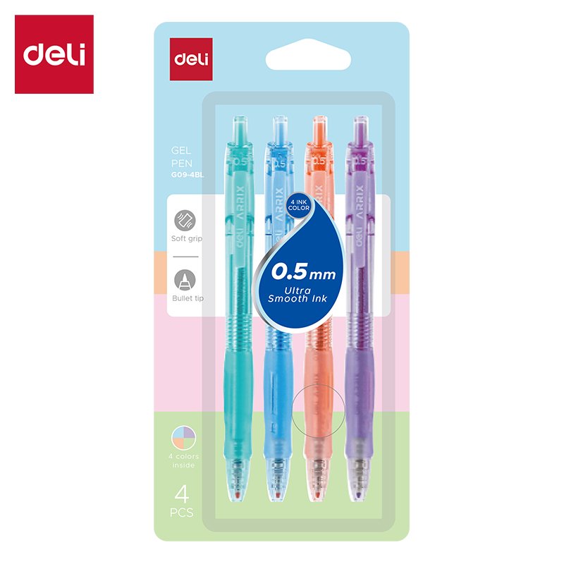 ديلي قلم حبر جل أزرق كباس - قبضة مطاط - 0.5 مم - بدن ملون (أزرق/أخضر/برتقالي/بنفسجي) - ظرف 4 أقلام - EG09-4BL
