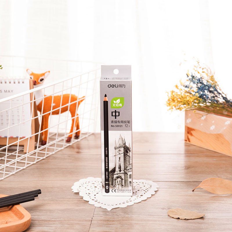 ديلي قلم فحم خشب دائري للرسم - متوسط الليونة - بدن أسود مع طبة E58121