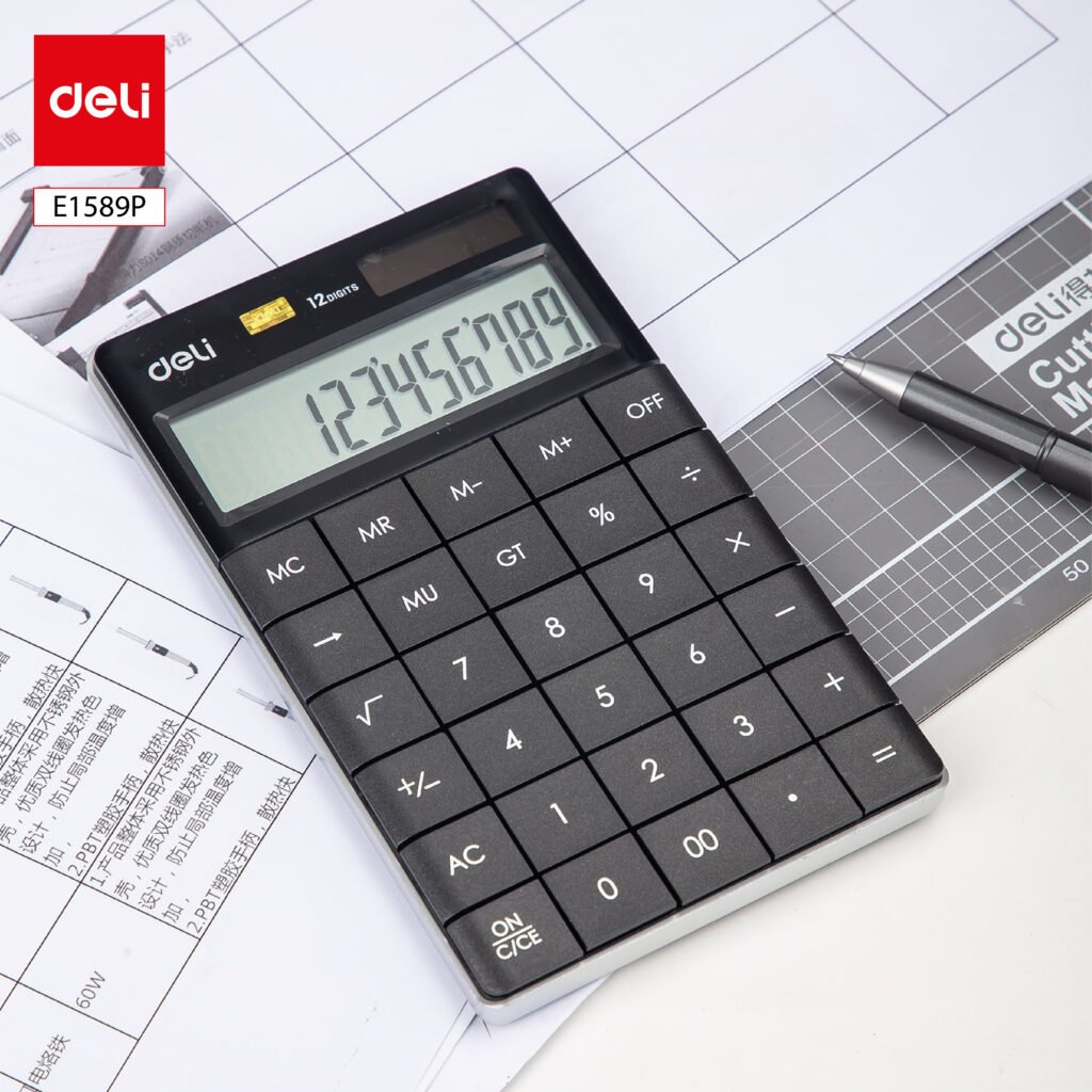 ديلي ألة حاسبة محمولة - مصدرين طاقة - بدن بلاستيك بدون حواف - 12 خانة - أسود E1589P