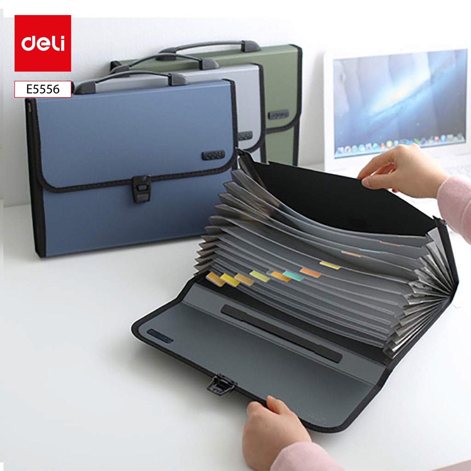 ديلي مصنف حقيبة 13 قسم - قياس A4 - مع مسكة - إغلاق بقفل - (رمادي /أزرق/ زيتي) - E5556