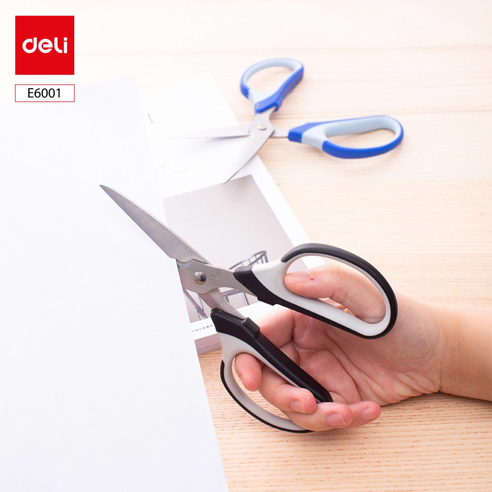 ديلي مقص معدن - مقبض بلاستيك ومطاط لونين - 19 سم - أسود، أزرق - E6001