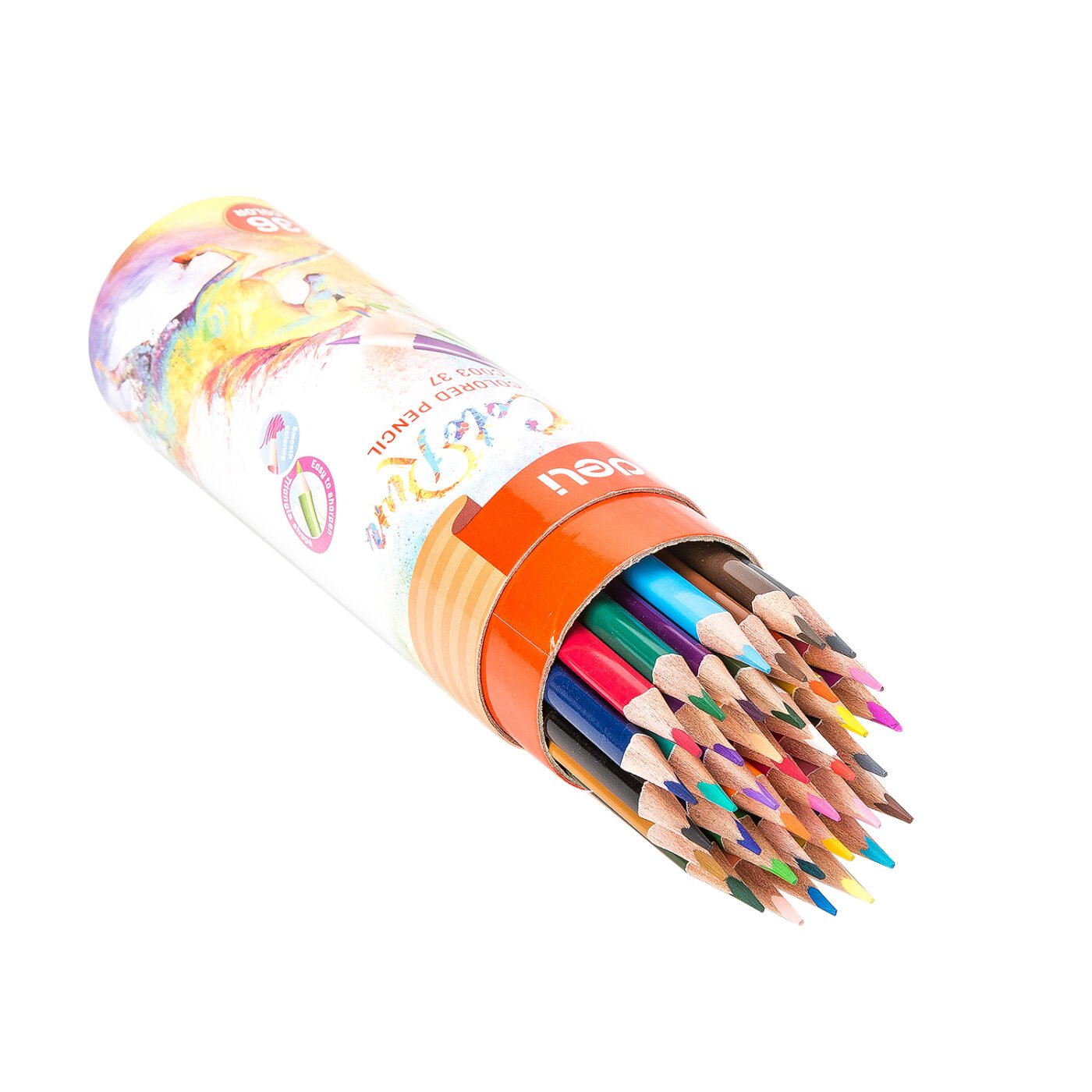 EC00337- (3) ديلي أقلام تلوين خشبي طويل - كالاران علبة اسطوانية مع غطاء بمبراة - 36 لون EC00337
