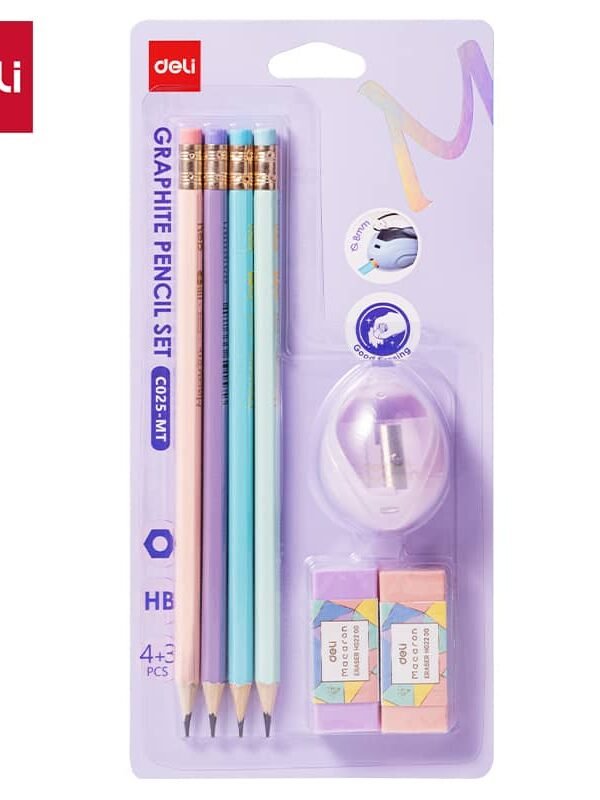 EC025-MT ديلي مجموعة أقلام رصاص خشب - غرافيت HB - بدن ملون - مع ممحاة - كرت (4 أقلام + مبرأة + 2 ممحاة ) - EC025-MT