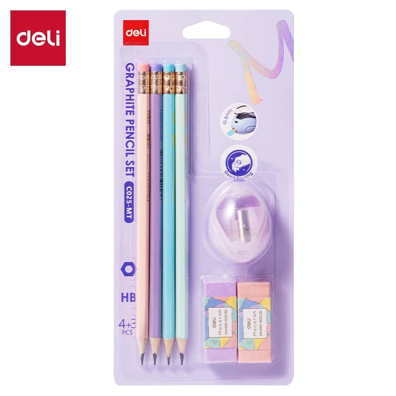 EC025-MT ديلي مجموعة أقلام رصاص خشب - غرافيت HB - بدن ملون - مع ممحاة - كرت (4 أقلام + مبرأة + 2 ممحاة ) - EC025-MT