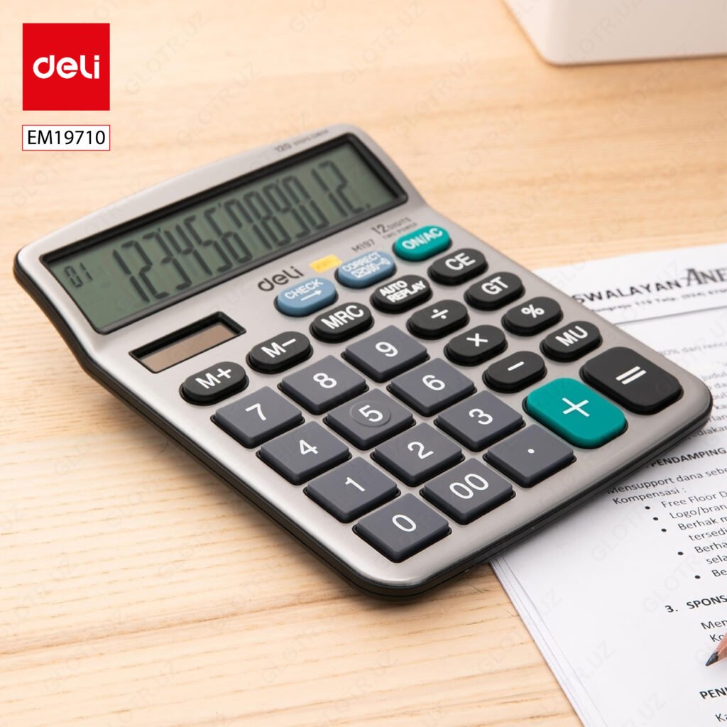 EM19710 ديلي ألة حاسبة مكتبية - مصدرين طاقة - بدن بلاستيك واجهة معدن فضي - أزرار مراجعة - 12 خانة - EM19710