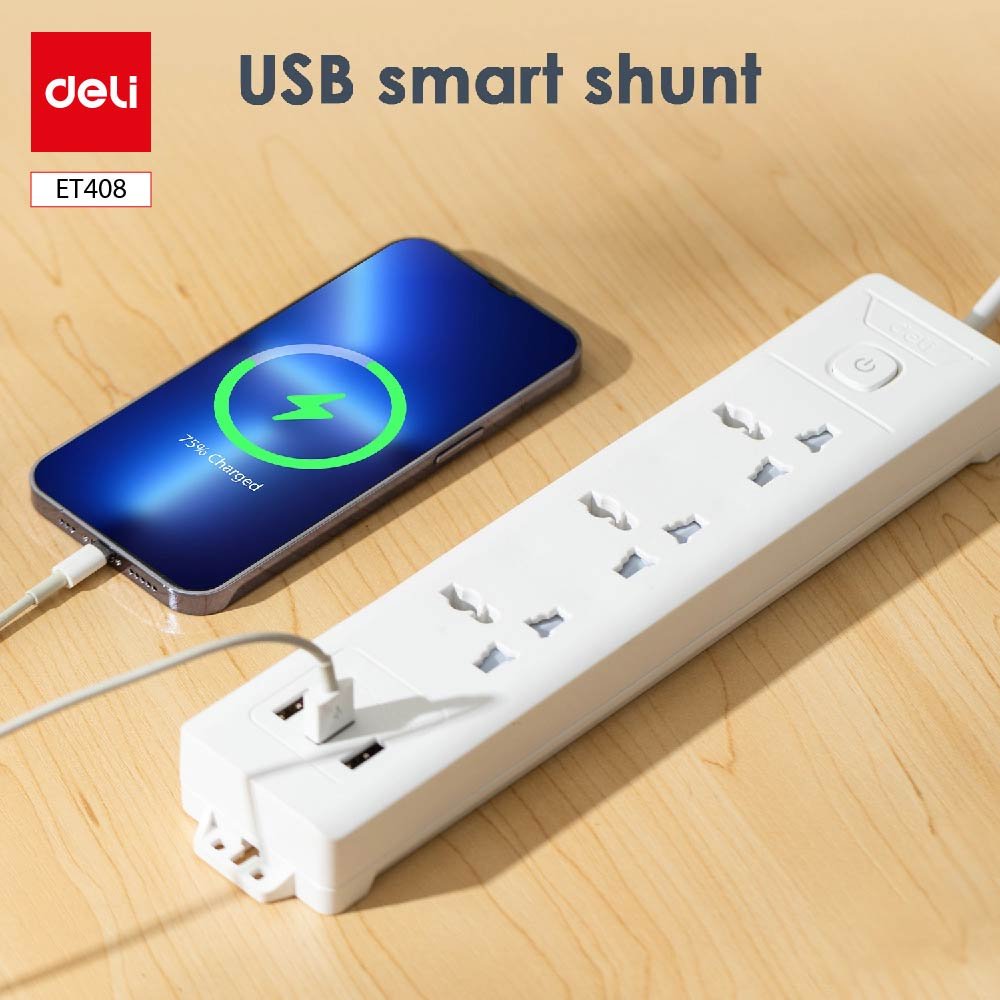 ET408 ديلي مسطرة كهرباء - 3 مأخذ كهربائية + 3 USB مأخذ - Tayp G (UK) - طول الكبل 2 متر - أبيض ET408