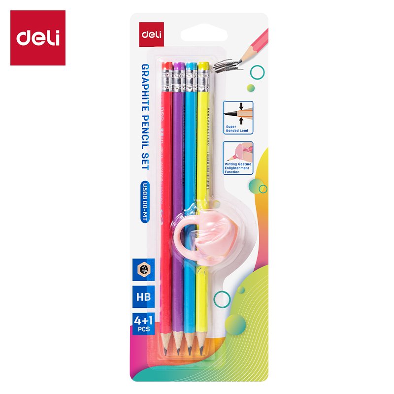 EU50800-MT ديلي مجموعة أقلام رصاص خشب - غرافيت HB - بدن ملون - مع ممحاة - كرت 4 قلم + مقبض كتابة للأطفال - EU50800-MT