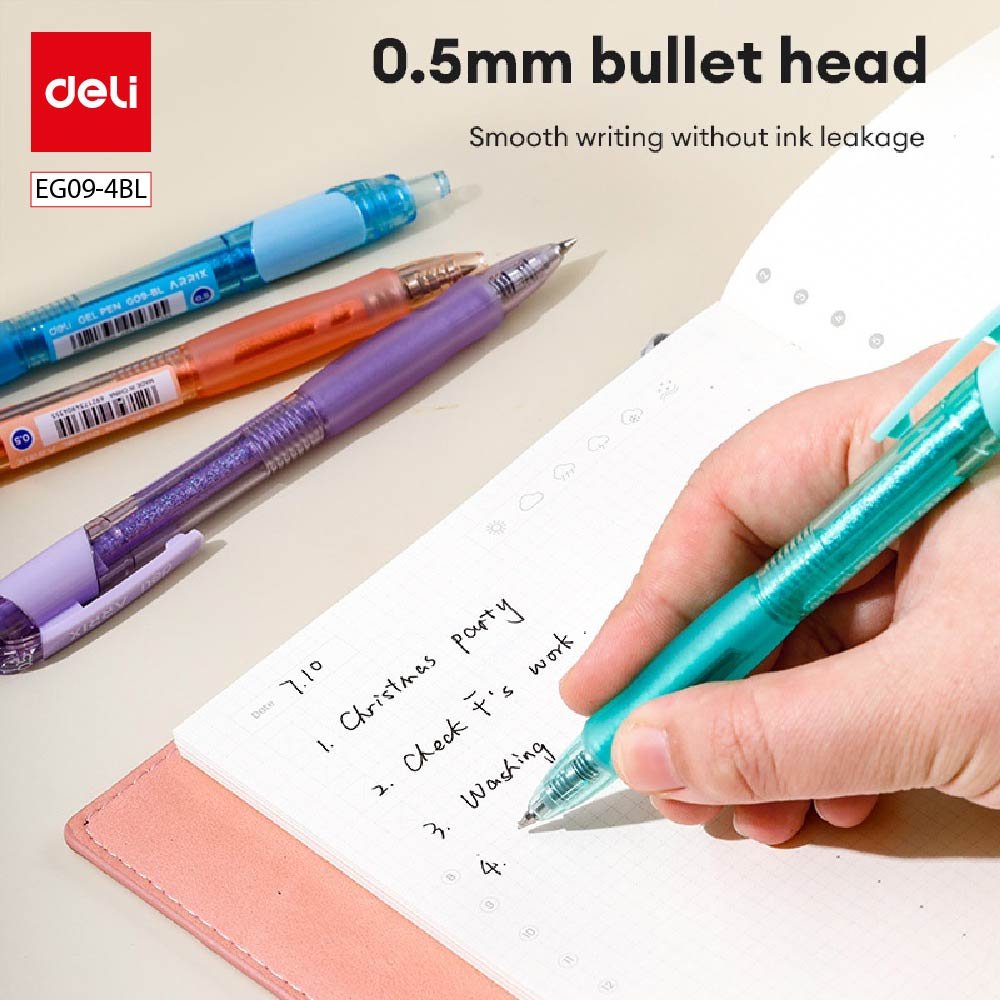 ديلي قلم حبر جل أزرق كباس - قبضة مطاط - 0.5 مم - بدن ملون (أزرق/أخضر/برتقالي/بنفسجي) - ظرف 4 أقلام - EG09-4BL