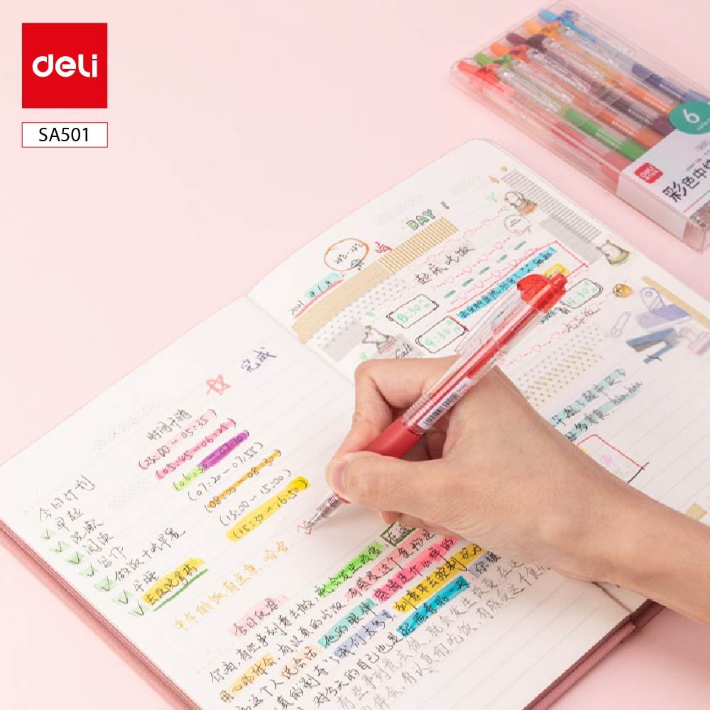 ديلي قلم حبر جل كباس - 0.5 مم - بدن شفاف - قبضة مطاط - 6 ألوان - ألوان مختلفة - SA501