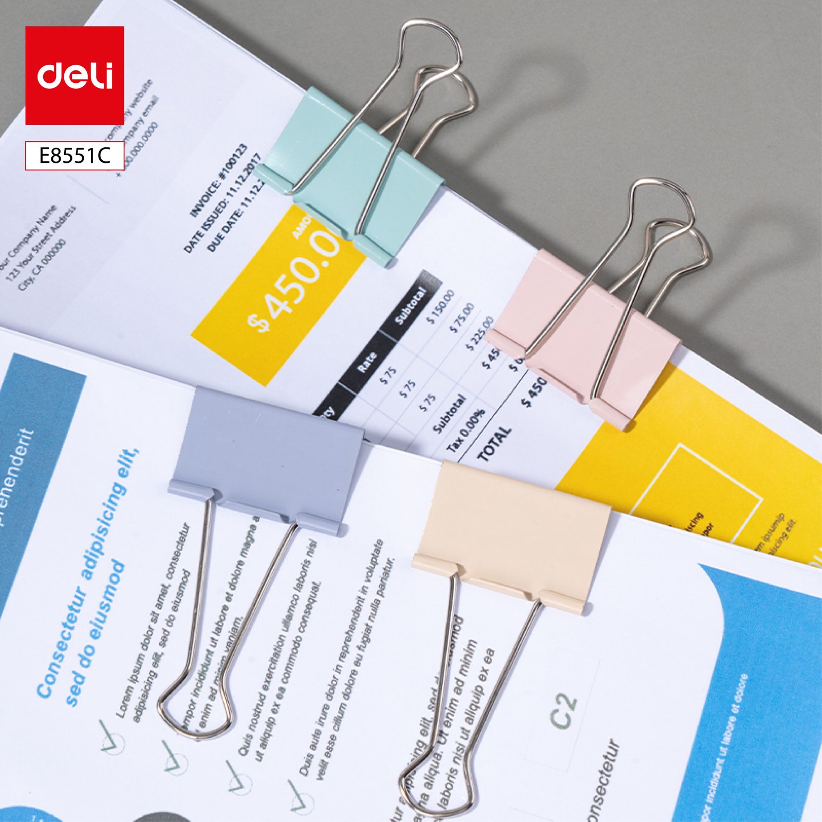 8551C (5) ديلي ملقط ورق - نمرة 1 - 50 مم - أحمر/أصفر/أخضر/أزرق - E8551C