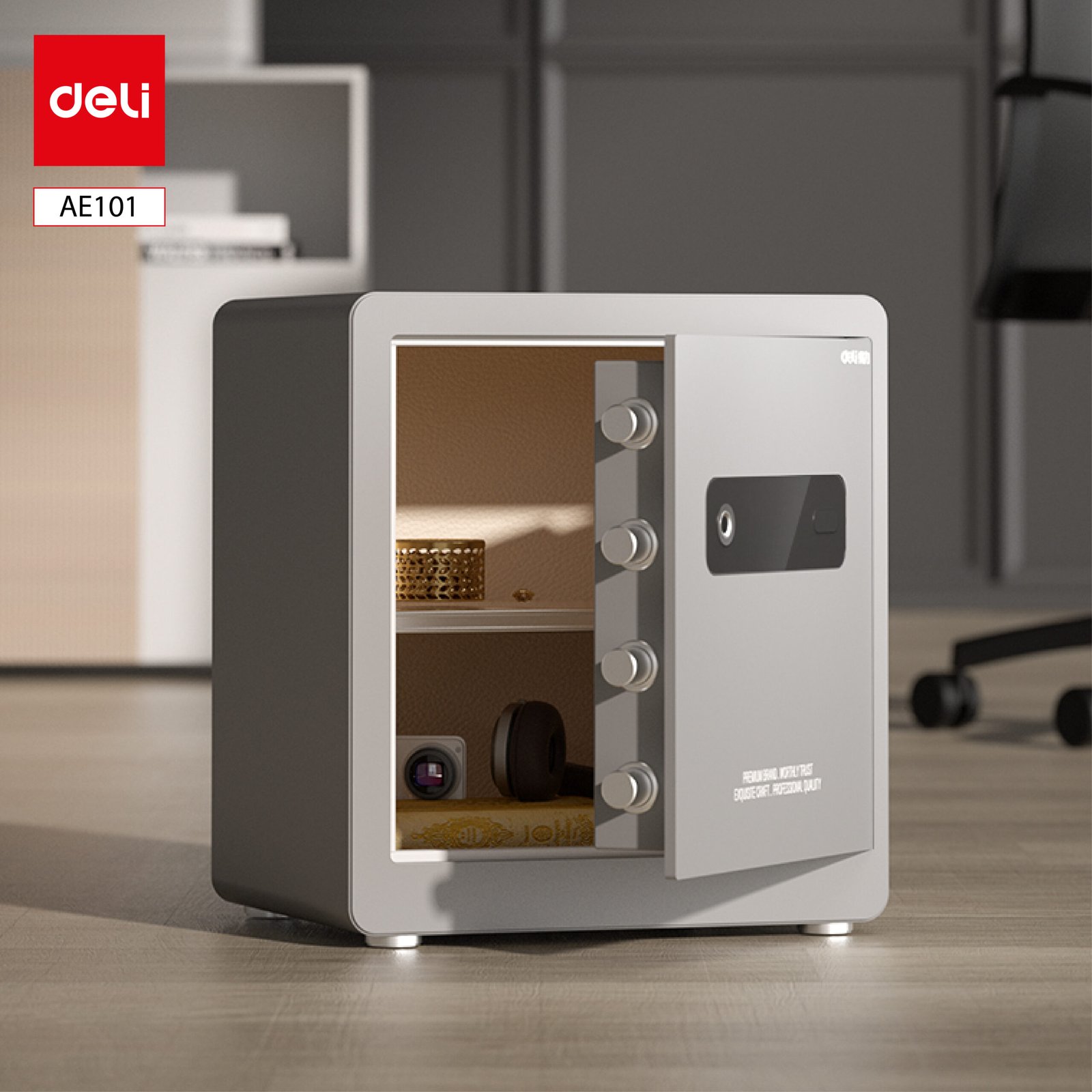 ديلي خزنة معدنية باب مسطح - حماية (أرقام -بصمة-مفتاح) - 25 كغ - 45×32×40 سم - رمادي - AE101