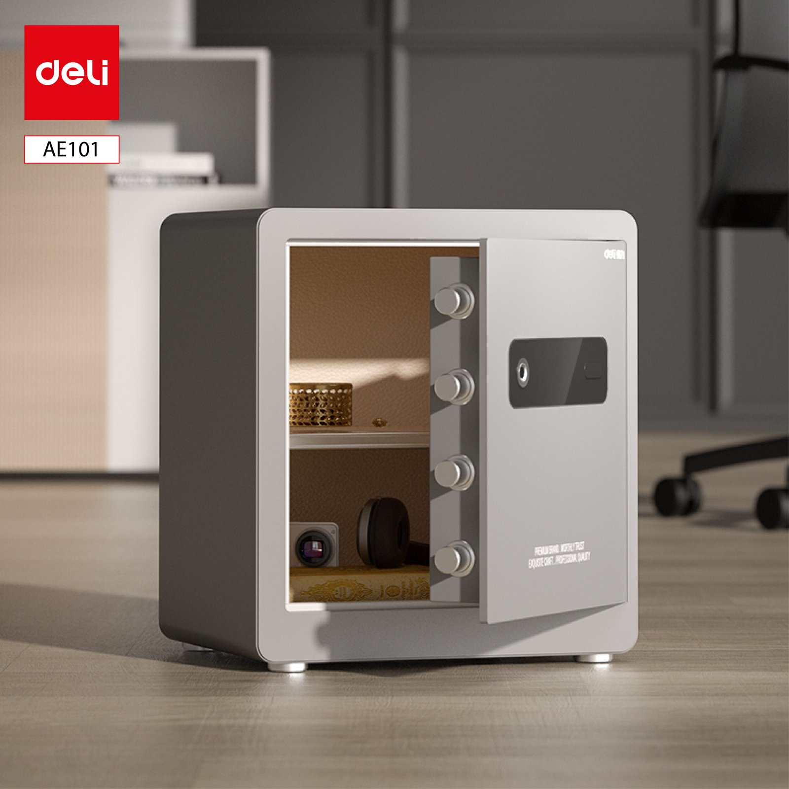 ديلي خزنة معدنية باب مسطح - حماية (أرقام -بصمة-مفتاح) - 25 كغ - 45×32×40 سم - رمادي - AE101