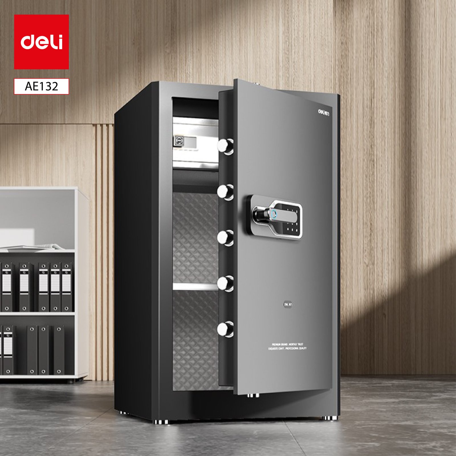 ديلي خزنة معدنية مسكة ببصمة - حماية (أرقام -بصمة-مفتاح) - 44.5 كغ - 80*48*42 سم - أسود / أبيض - AE132