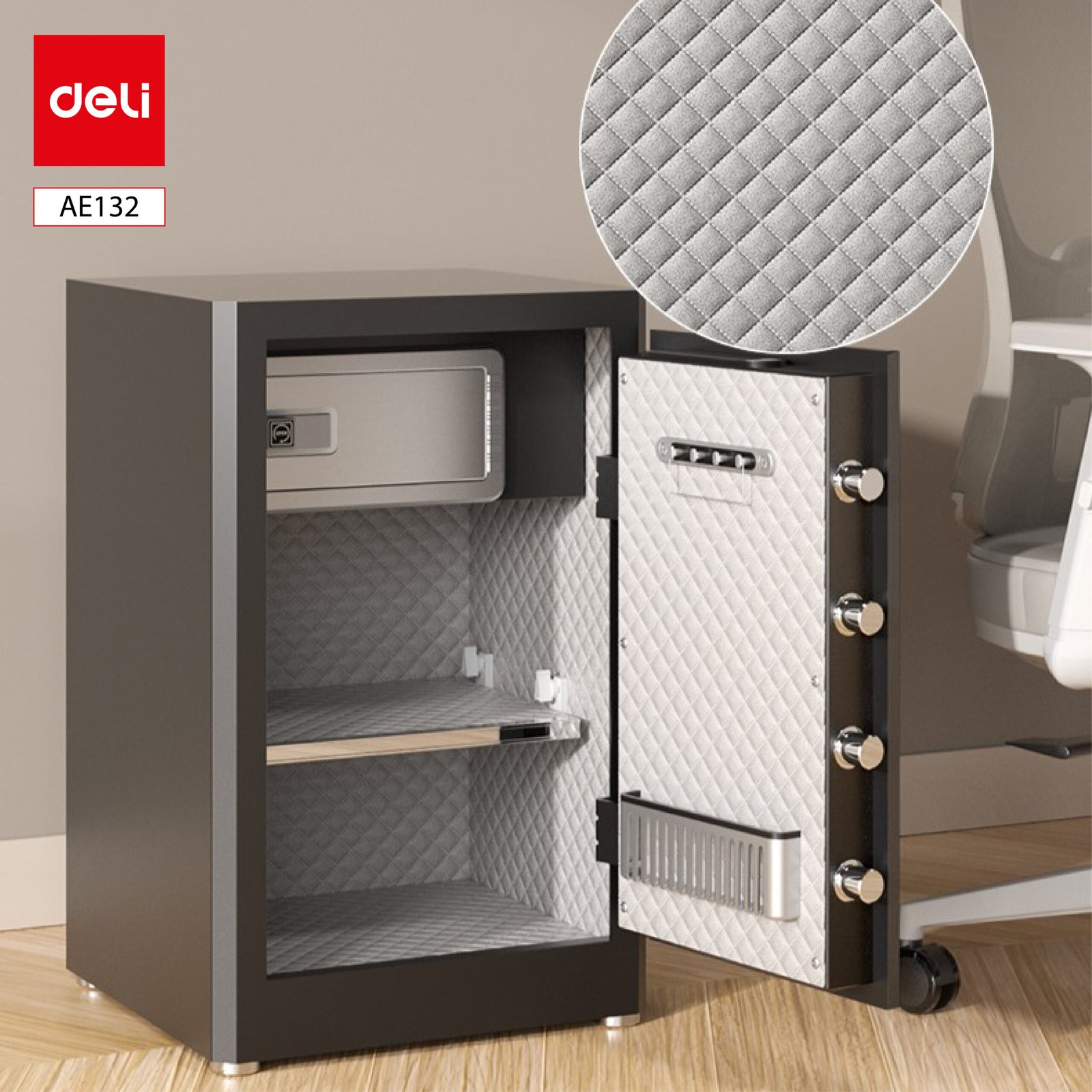 ديلي خزنة معدنية مسكة ببصمة - حماية (أرقام -بصمة-مفتاح) - 44.5 كغ - 80*48*42 سم - أسود / أبيض - AE132