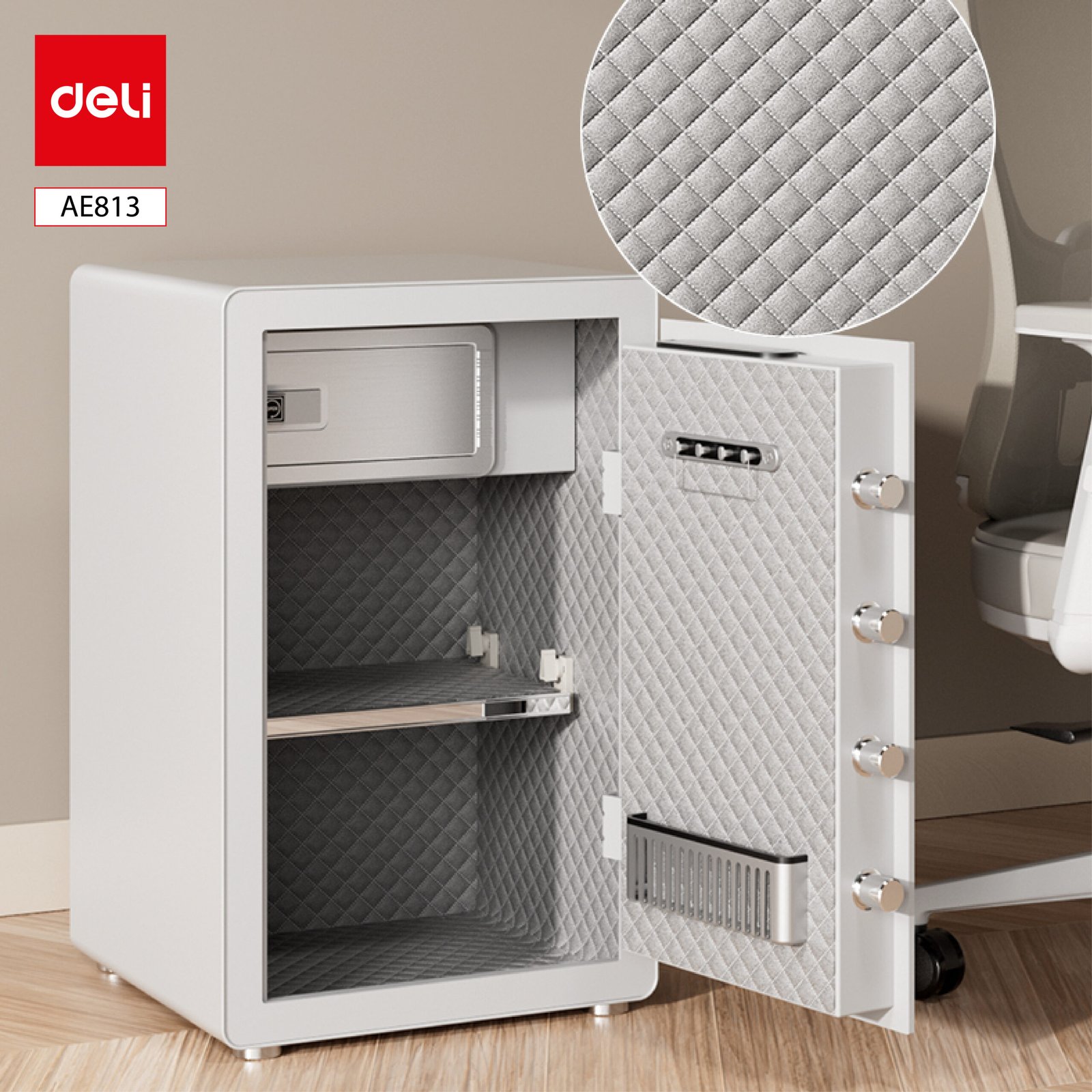 AE813 (3) ديلي خزنة معدنية لوحة عرضية - حماية (أرقام -بصمة-مفتاح) - 37.5 كغ - 80*48*42 سم - أسود / أبيض - AE813