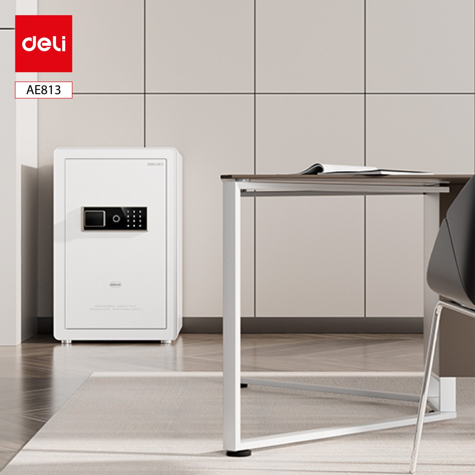 AE813 (4) ديلي خزنة معدنية لوحة عرضية - حماية (أرقام -بصمة-مفتاح) - 37.5 كغ - 80*48*42 سم - أسود / أبيض - AE813