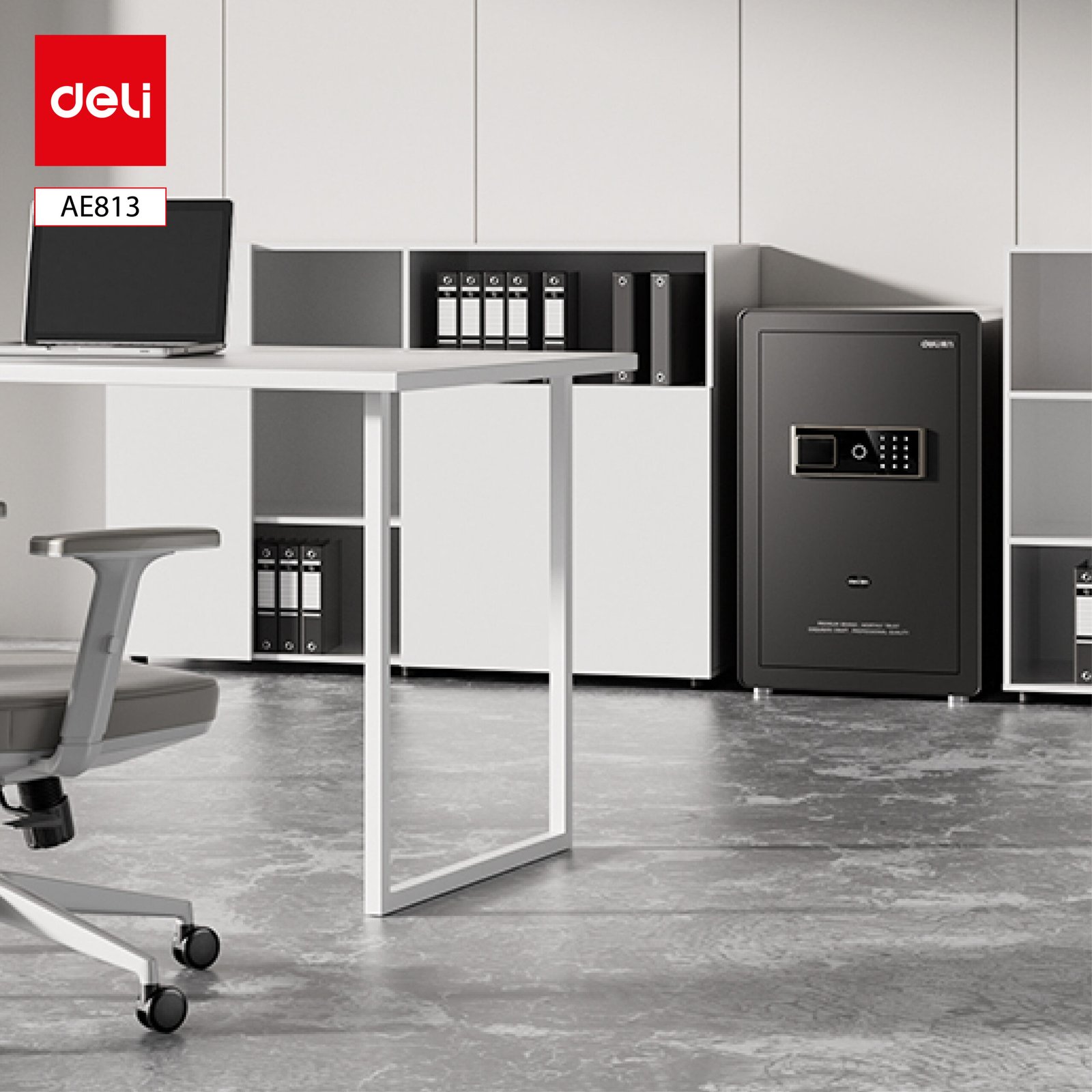 AE813 (5) ديلي خزنة معدنية لوحة عرضية - حماية (أرقام -بصمة-مفتاح) - 37.5 كغ - 80*48*42 سم - أسود / أبيض - AE813