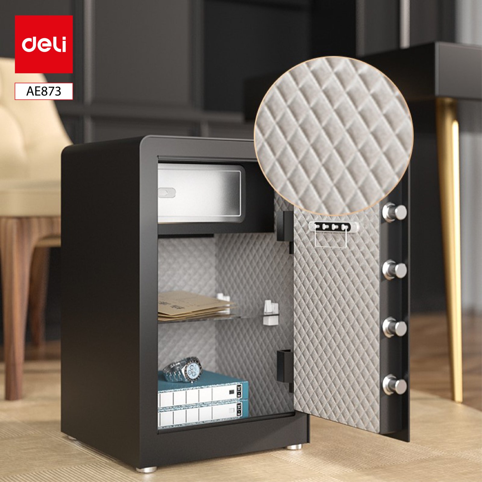 ديلي خزنة معدنية رف زجاج - حماية (أرقام -مفتاح) - 28.5 كغ - 36*38*60 سم - أسود / أبيض - AE873