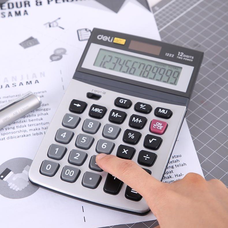 ديلي ألة حاسبة مكتبية - مصدرين طاقة - بدن بلاستيك واجهة معدن - 12 خانة - فضي E1222