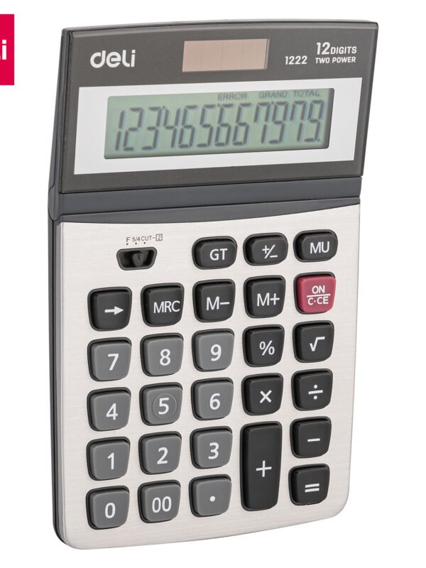 E1222 (4) ديلي ألة حاسبة مكتبية - مصدرين طاقة - بدن بلاستيك واجهة معدن - 12 خانة - فضي E1222