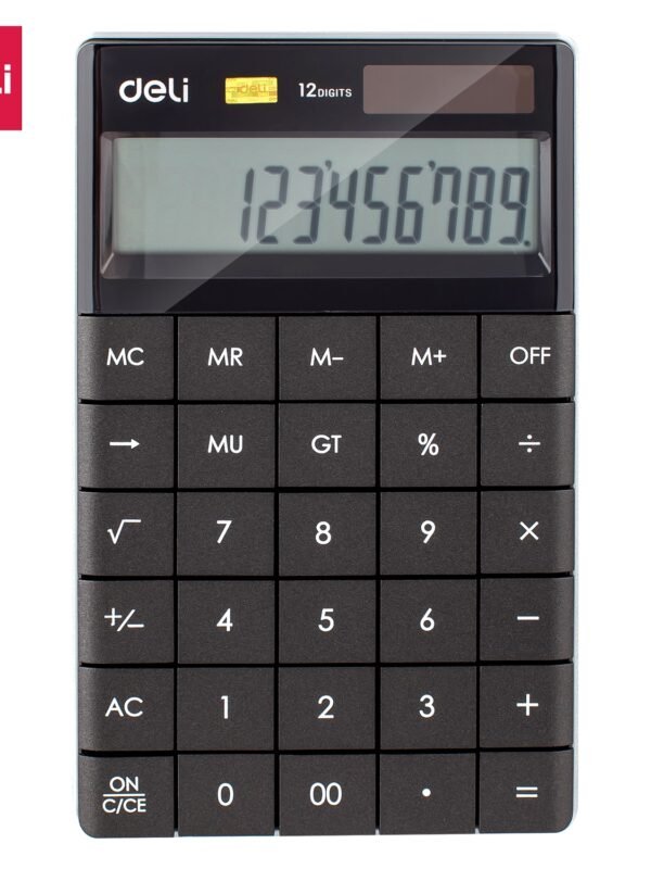 E1589P (5) ديلي ألة حاسبة محمولة - مصدرين طاقة - بدن بلاستيك بدون حواف - 12 خانة - أسود E1589P
