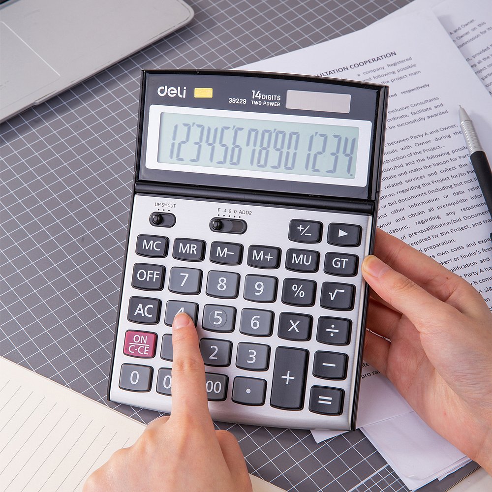 E39229 (9) ديلي ألة حاسبة مكتبية - مصدرين طاقة - بدن بلاستيك واجهة معدن - 3 أصفار - 14 خانة - رمادي E39229