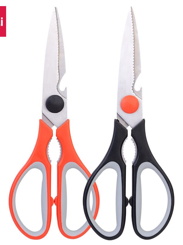 E77750 (2) ديلي مقص معدن مخصص للمطبخ - مقبض بلاستيك ومطاط لونين - قابل للفك مع علاقة فتح - 21 سم - أسود، برتقالي E77750