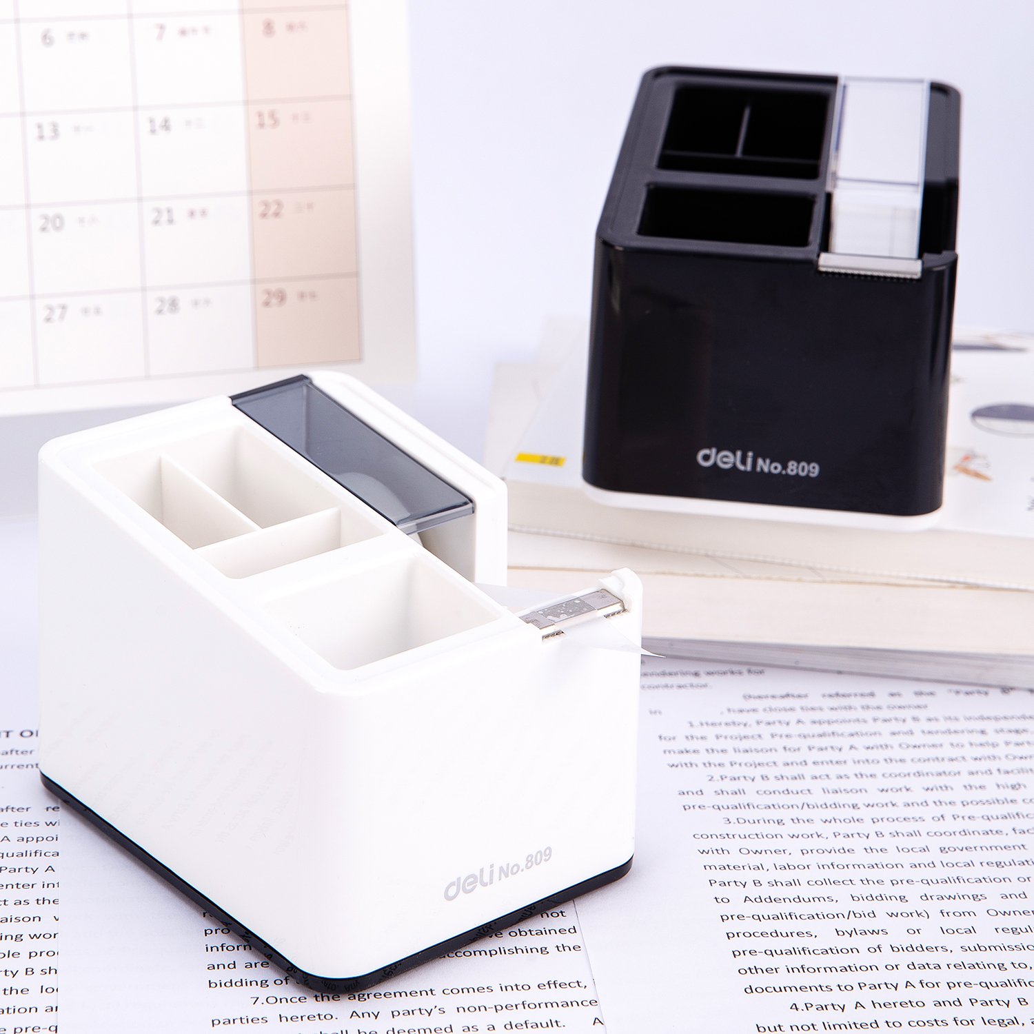 E809 (5) ديلي مقلمة مكتبية مع قطاعة شريط لاصق - أبيض/أسود E809