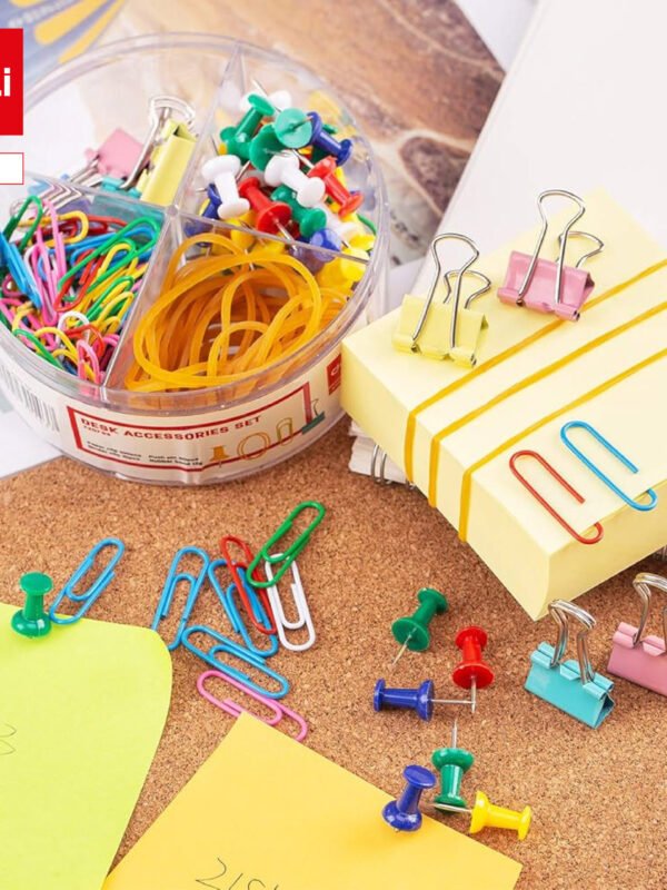 E8500 (2) ديلي مجموعة تنظيم مكتب - 100 مشبك، 50 دبوس، 10 ملقط، 12غ مطاط - ألوان مختلفة - E8500