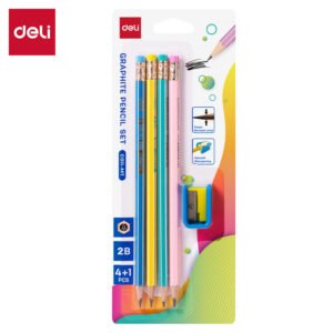 ديلي مجموعة أقلام رصاص خشب - غرافيت 2B - بدن ملون - مع ممحاة - كرت 4 قلم + مبراة - EC011-MT