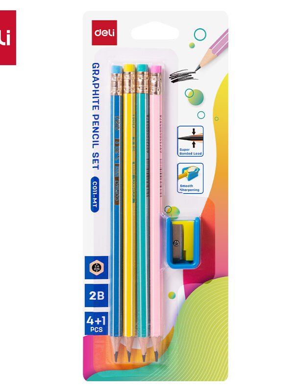 EC011-MT (7) ديلي مجموعة أقلام رصاص خشب - غرافيت 2B - بدن ملون - مع ممحاة - كرت 4 قلم + مبراة - EC011-MT