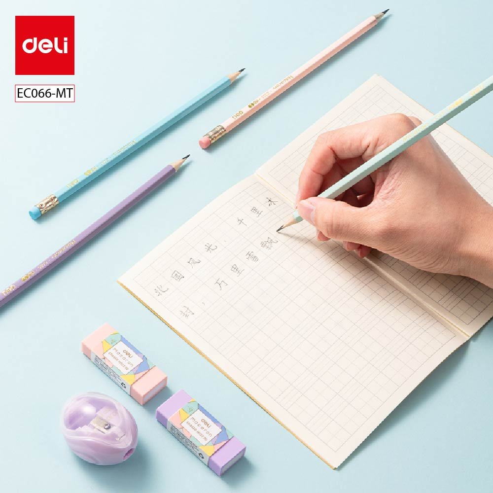 EC066-MT (2) ديلي مجموعة أقلام رصاص خشب - غرافيت HB - بدن ملون - مع ممحاة - كرت (4 أقلام + مبرأة + 2 ممحاة ) - EC025-MT