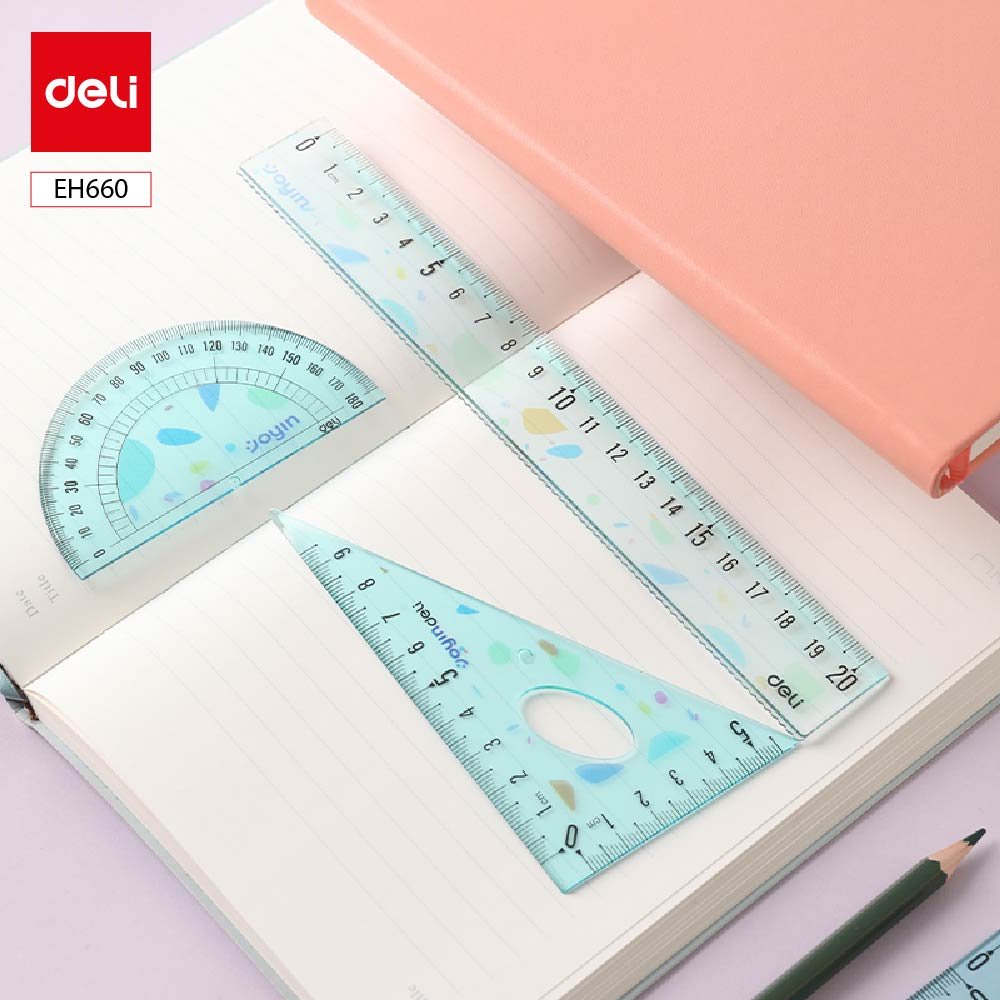 EH660 (3) ديلي مجموعة مساطر هندسية - مسطرة قياس 20 سم - 4 قطع - أزرق/ زهر - EH660
