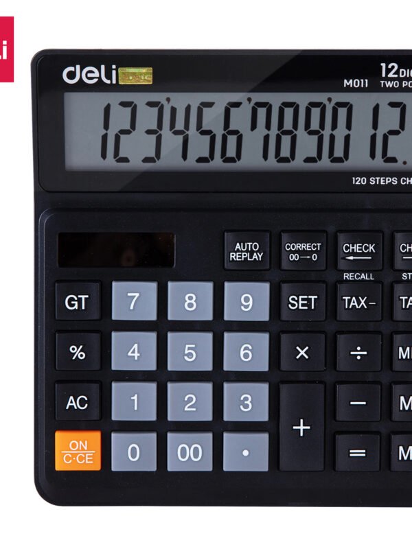 EM01120- (1) ديلي ألة حاسبة مكتبية - مصدرين طاقة - بدن بلاستيك - أزرار مراجعة وتصحيح وإعادة - 12 خانة - أسود EM01120