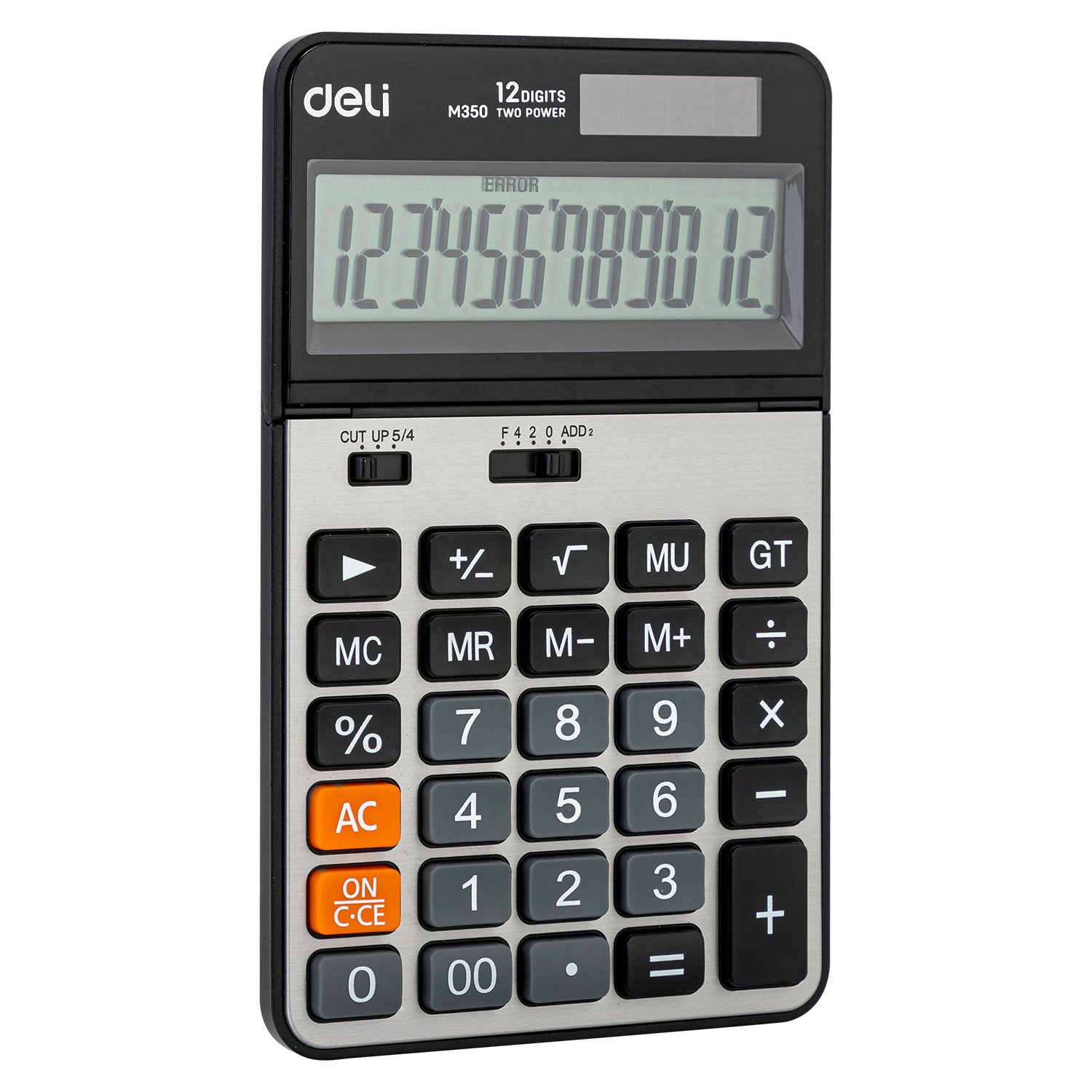 ديلي ألة حاسبة مكتبية - مصدرين طاقة - بدن بلاستيك واجهة معدن - 12 خانة - فضي EM350