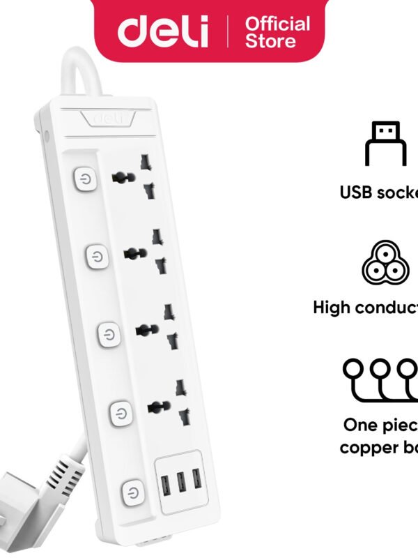 ديلي مسطرة كهرباء بقواطع - 4 مأخذ كهربائية + 3 USB مأخذ - Tayp G (UK) - طول الكبل 2 متر - أبيض T411
