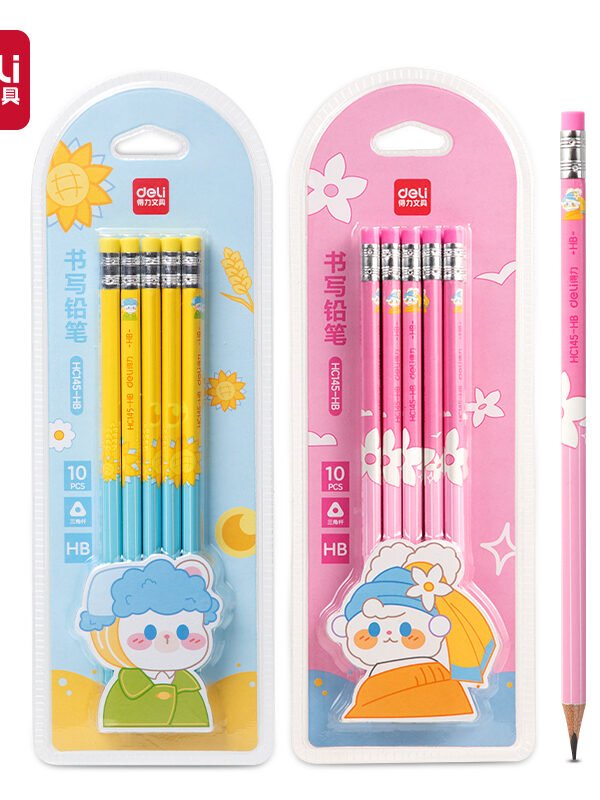 HC145-HB (10) ديلي مجموعة أقلام رصاص مثلث خشب - غرافيت HB - بدن ملون - 10 أقلام - مع ممحاة - HC145-HB