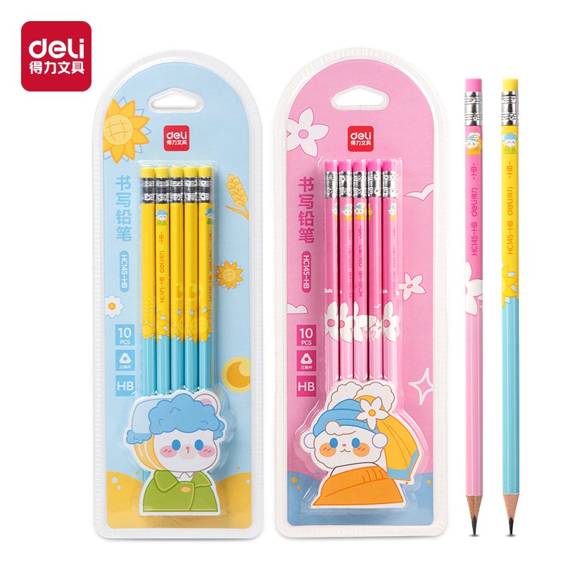 ديلي مجموعة أقلام رصاص مثلث خشب - غرافيت HB - بدن ملون - 10 أقلام - مع ممحاة - HC145-HB