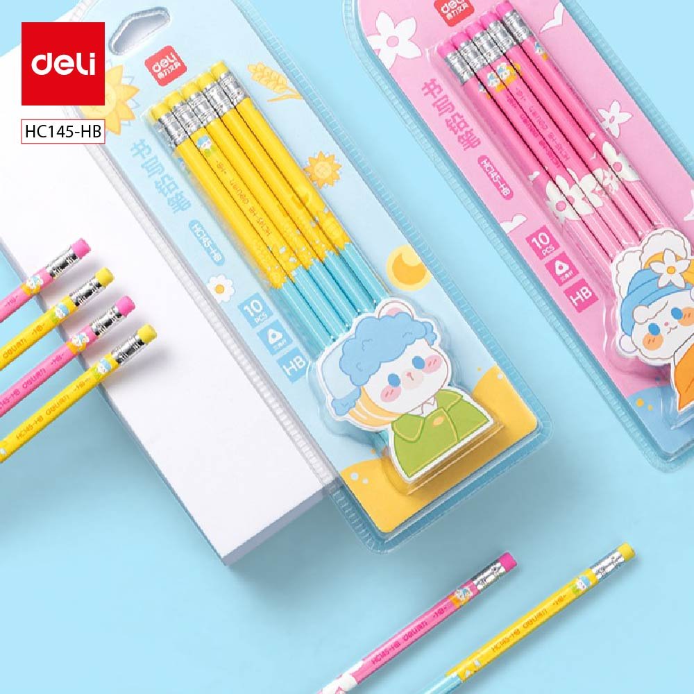 ديلي مجموعة أقلام رصاص مثلث خشب - غرافيت HB - بدن ملون - 10 أقلام - مع ممحاة - HC145-HB