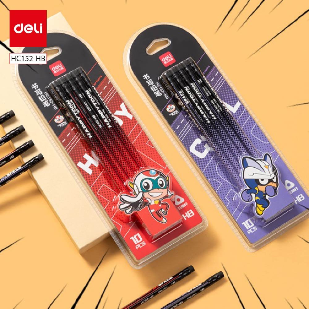 ديلي مجموعة أقلام رصاص مثلث خشب كرتوني - غرافيت HB - بدن ملون - 10 أقلام - مع ممحاة - HC152-HB