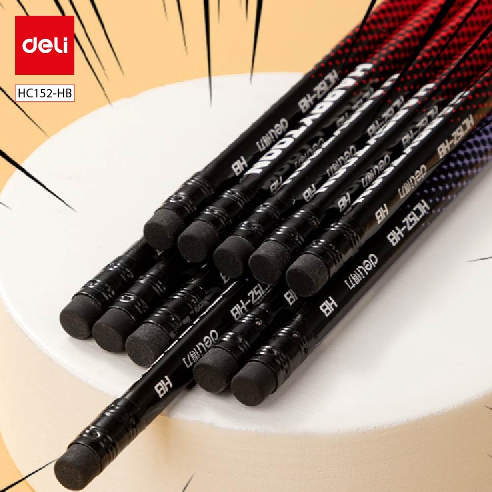 HC152-HB (4) ديلي مجموعة أقلام رصاص مثلث خشب كرتوني - غرافيت HB - بدن ملون - 10 أقلام - مع ممحاة - HC152-HB