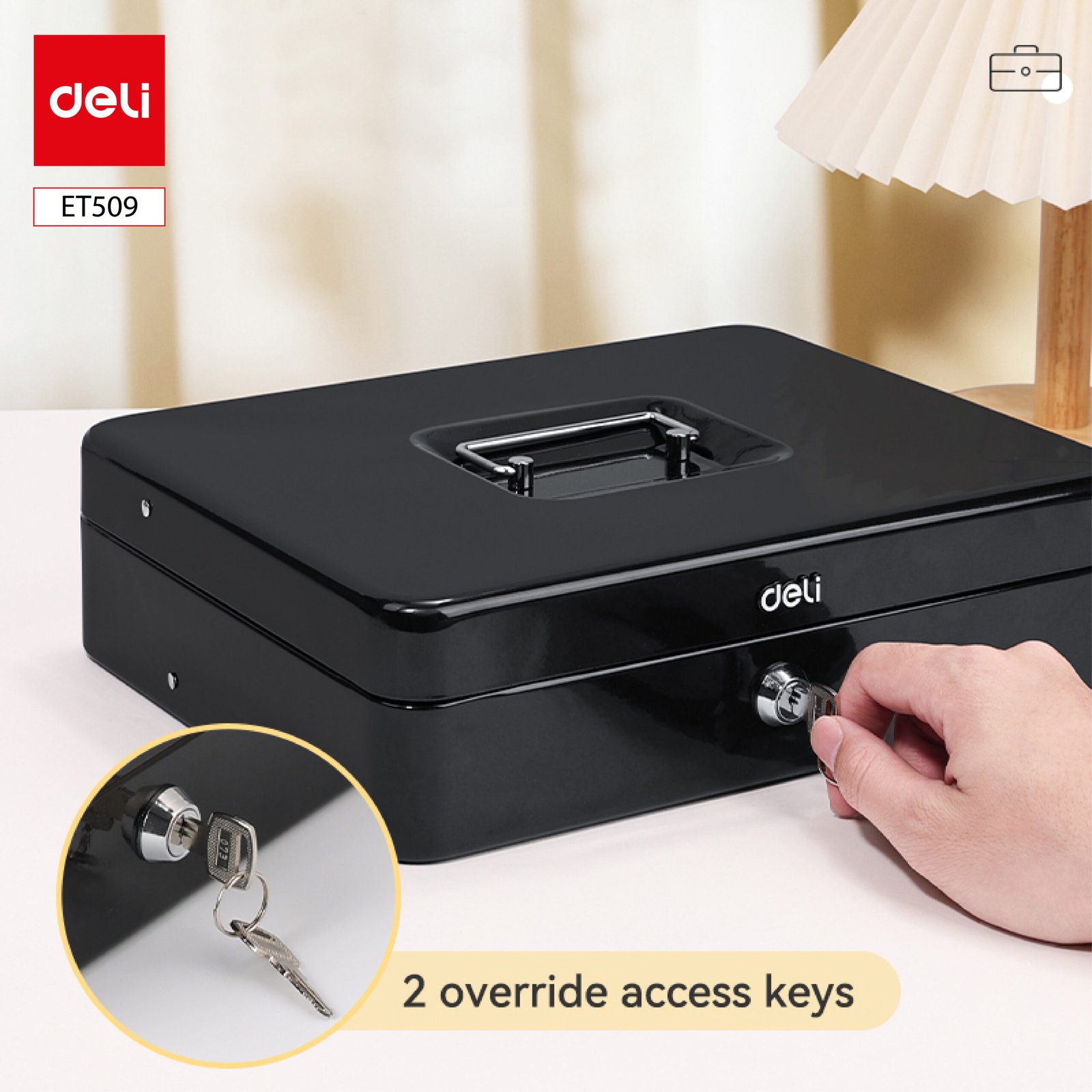 T509 (1) ديلي صندوق نقود مقسم كاشير - قفل مفتاح - مقبض علوي - قياس 9*30*24 سم - أسود - ET509