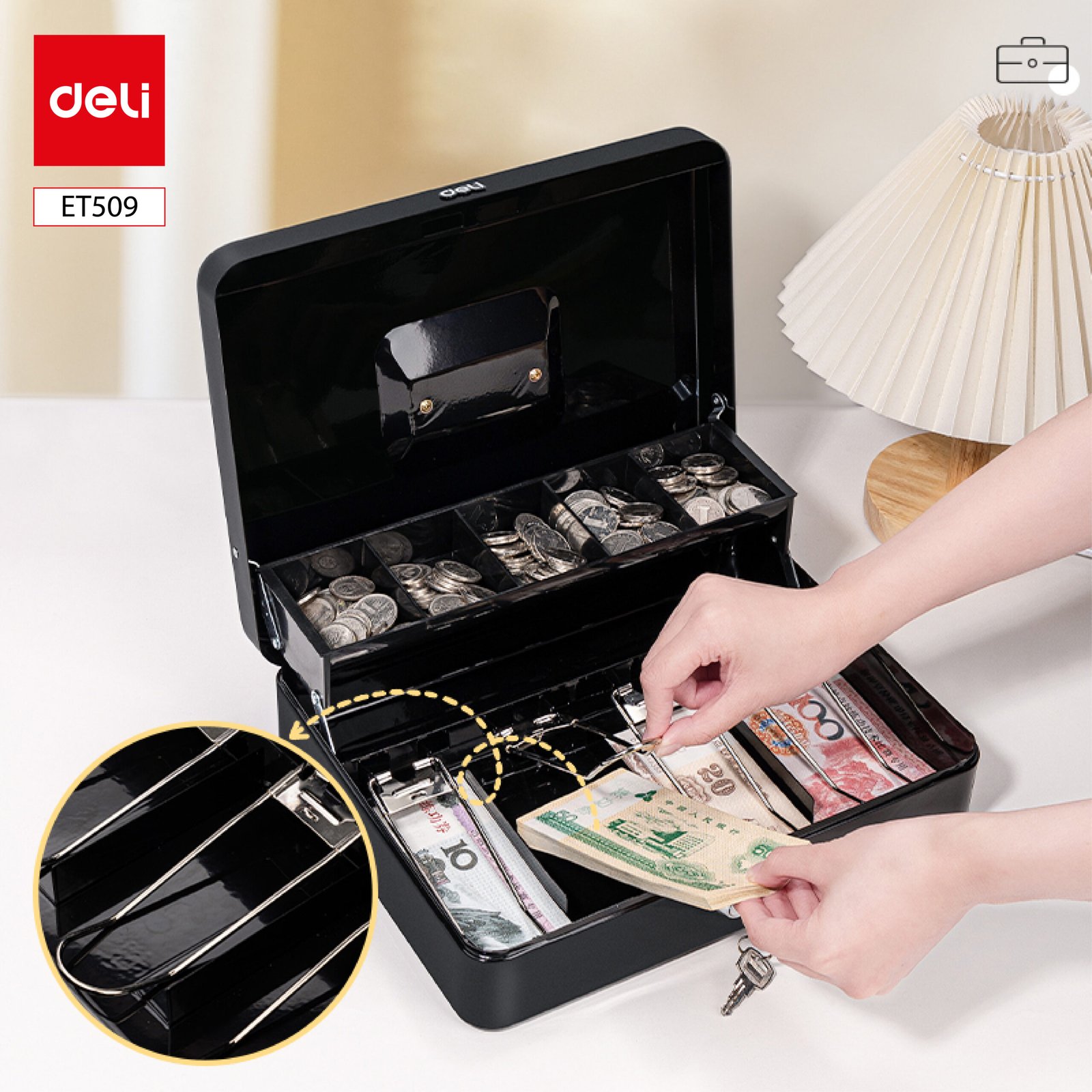 T509 (3) ديلي صندوق نقود مقسم كاشير - قفل مفتاح - مقبض علوي - قياس 9*30*24 سم - أسود - ET509
