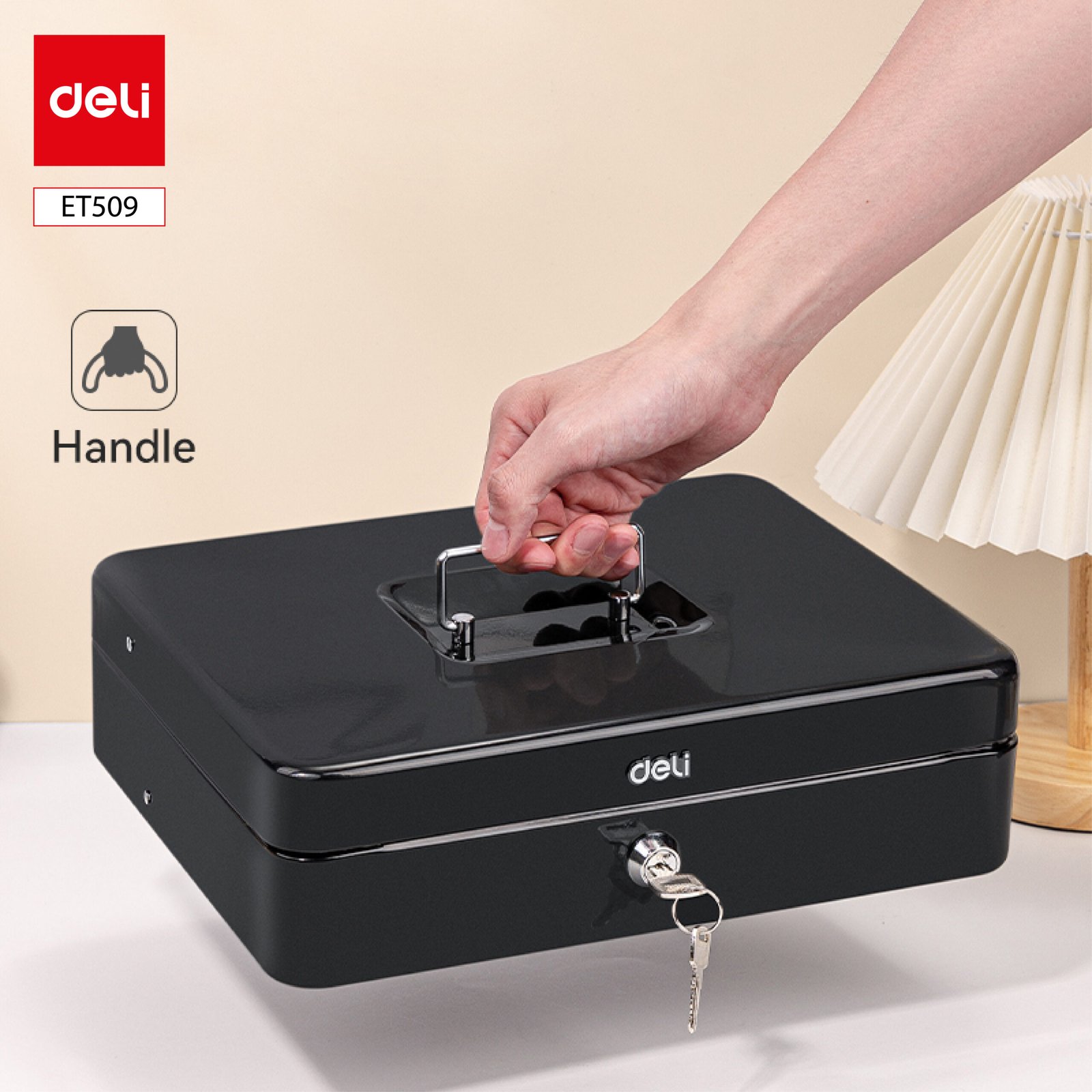 T509 (4) ديلي صندوق نقود مقسم كاشير - قفل مفتاح - مقبض علوي - قياس 9*30*24 سم - أسود - ET509