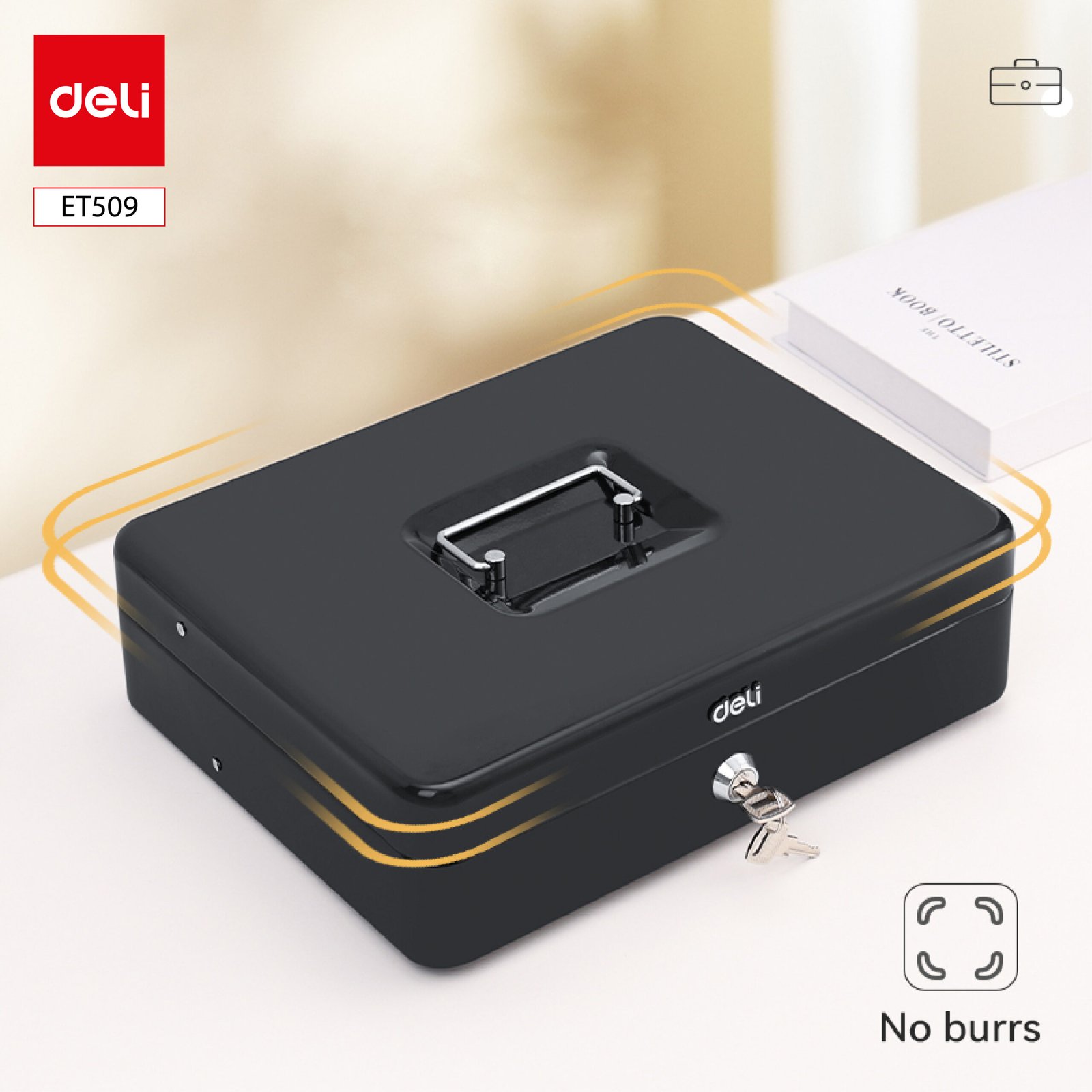 ديلي صندوق نقود مقسم كاشير - قفل مفتاح - مقبض علوي - قياس 9*30*24 سم - أسود - ET509