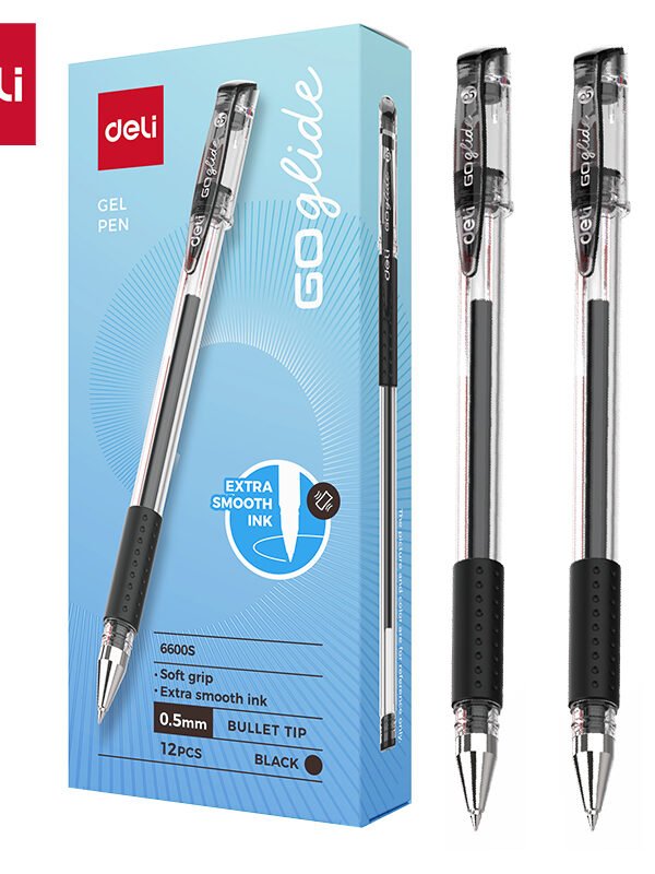 Deli-Softgrip-Gel-Pen-Bullet-Tip-0.5mm-Black-6973504006554_1 ديلي قلم حبر جل - بدن شفاف قبضة مطاط - 0.5 mm - أسود - E6600S-Bk