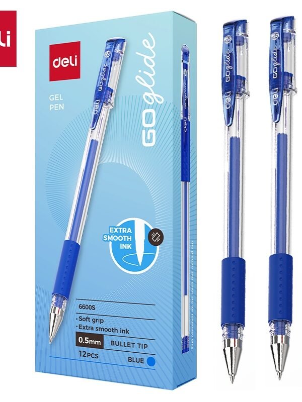 Deli-Softgrip-Gel-Pen-Bullet-Tip-0.5mm-Blue-6973504006561_6-1 ديلي قلم حبر جل - بدن شفاف قبضة مطاط - 0.5 mm - أزرق - E6600S-BL