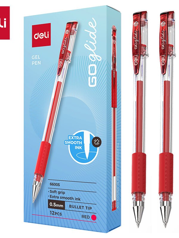 Deli-Softgrip-Gel-Pen-Bullet-Tip-0.5mm-Red-6973504006578_1 ديلي قلم حبر جل - بدن شفاف - قبضة مطاط - 0.5mm - أحمر E6600S-RD