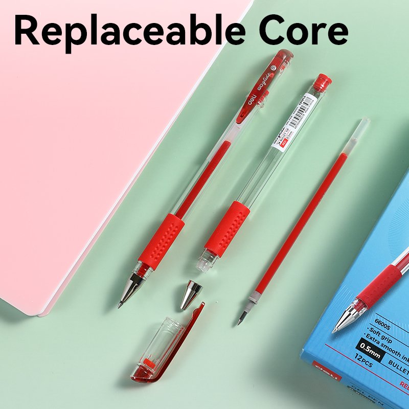 ديلي قلم حبر جل - بدن شفاف - قبضة مطاط - 0.5mm - أحمر E6600S-RD