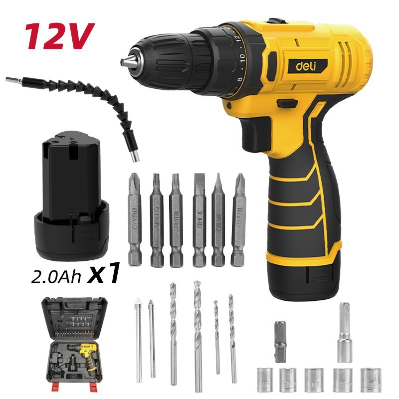 DZ12 (1) ديلي طقم مثقاب لاسلكي - 12 فولت 30 نيوتن متر 2.0 أمبير/ساعة*1 - أصفر - DL-DZ12-6A2